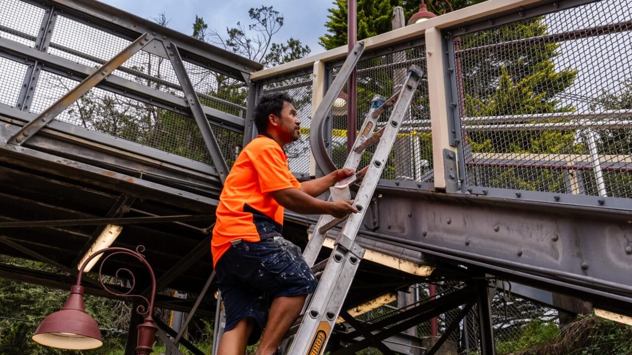 A worker in an orange shirt ascends a ladder to paint the metal framework of the Mt Vic bridge structure as part of its restoration, near the bustling train station.