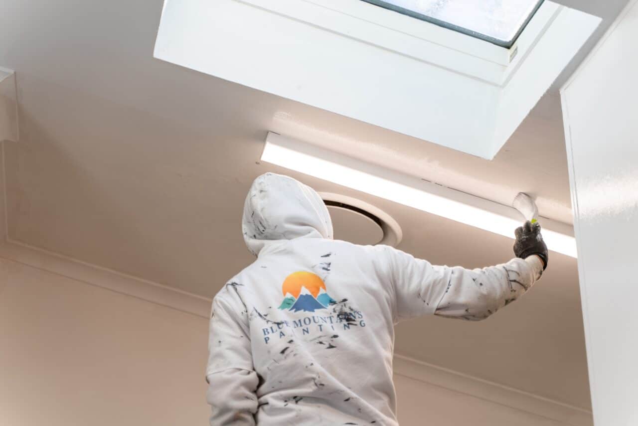 A person in a white hoodie with paint splatters is painting a ceiling near a fluorescent light, under a skylight. The hoodie, featuring a logo with mountains and text that appears to read "Blue Mountains Painting," gives off an air of conservation as they transform the once-neglected hut into something special.