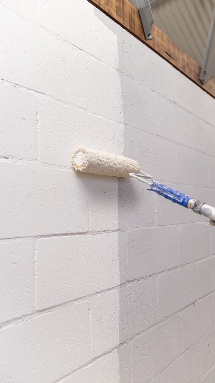 A paint roller on an extended handle is being used to apply white paint to a cinder block wall, covering a previously unpainted section as part of the Wentworth Falls Lookout Project.