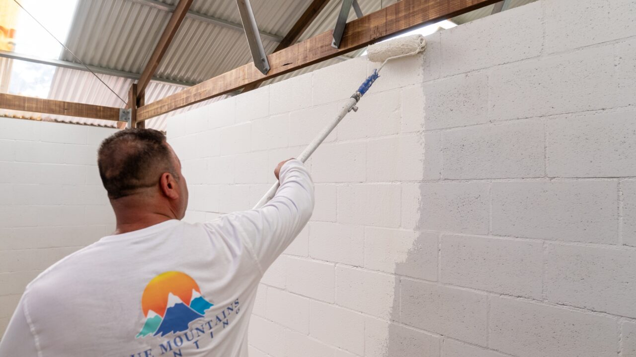 A person with short hair, wearing a white shirt with a graphic on the back, uses a long-handled roller to paint a white cinder block wall inside the building as part of the Toilet Block Transformation project at Wentworth Falls Lookout.