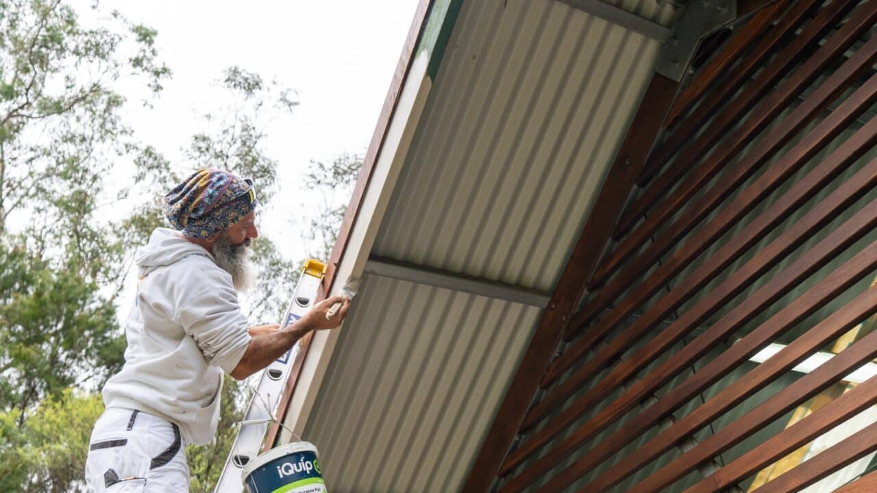 A person on a ladder is painting the eaves of a house while holding a paintbrush and a bucket. The house, reminiscent of the charming cottages near Wentworth Falls Lookout, has a metal roof and wooden slats on the side, with trees in the background.