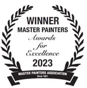 Black and white laurel wreath logo with text: "Winner Master Painters Awards"